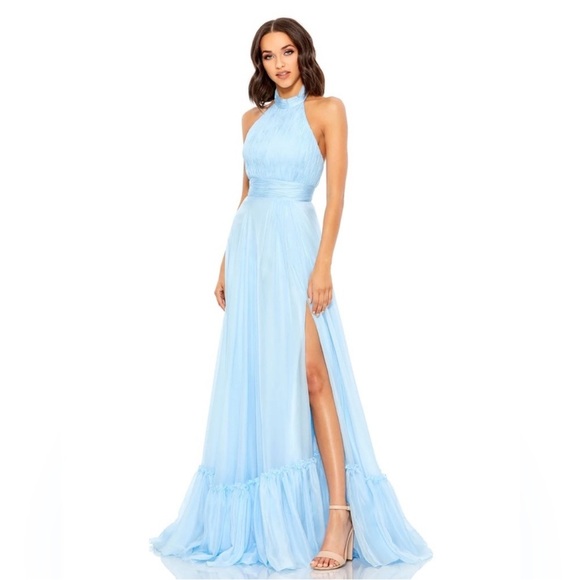 Mac Duggal High Neck Tiered Chiffon Halter Gown Sky Blue 12 NWT 67816 - Picture 1 of 9